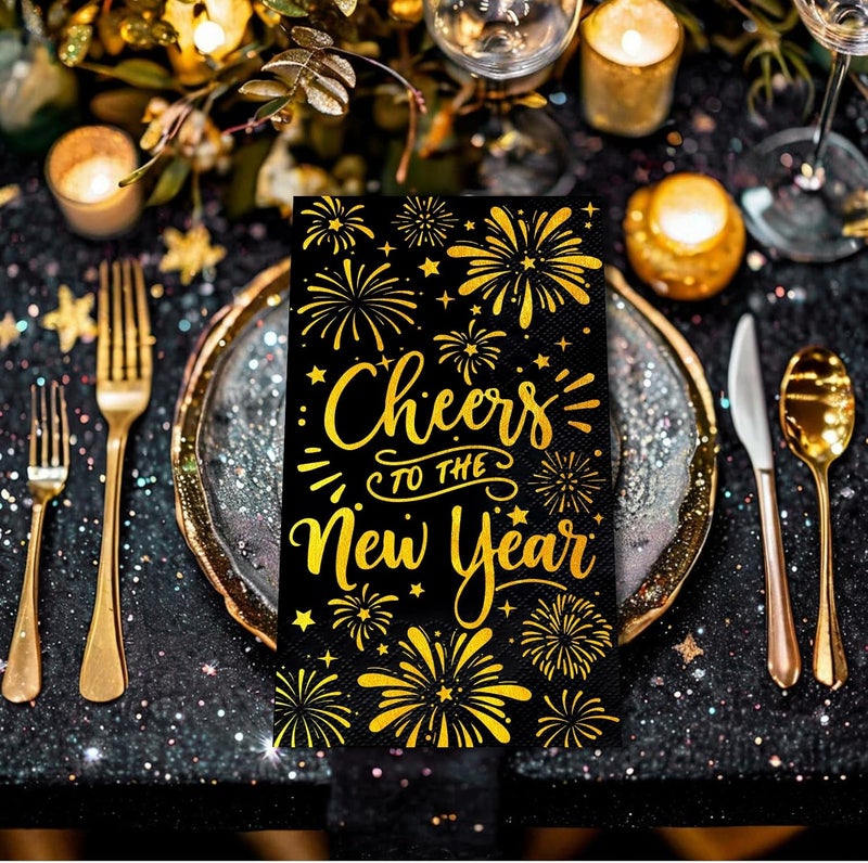 IANFEPH 100Pcs New Year's Eve Napkins - Disposable Black Gold Foil Dinner Napkins for Christmas Birthday Cocktail Party Celebrations Decor - Image 2